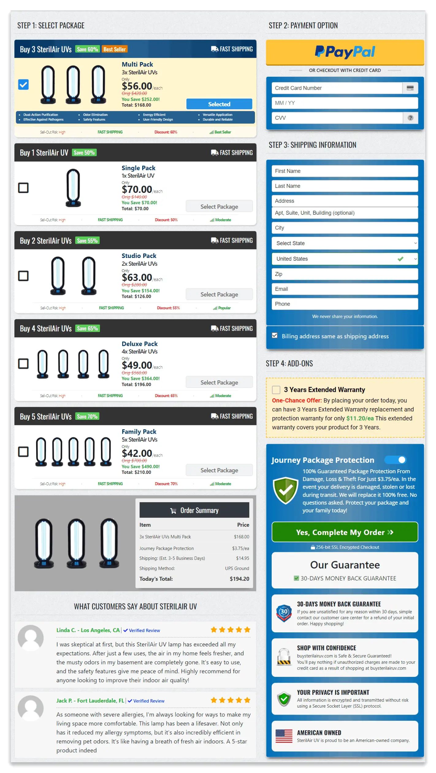 SterilAir UV checkout page